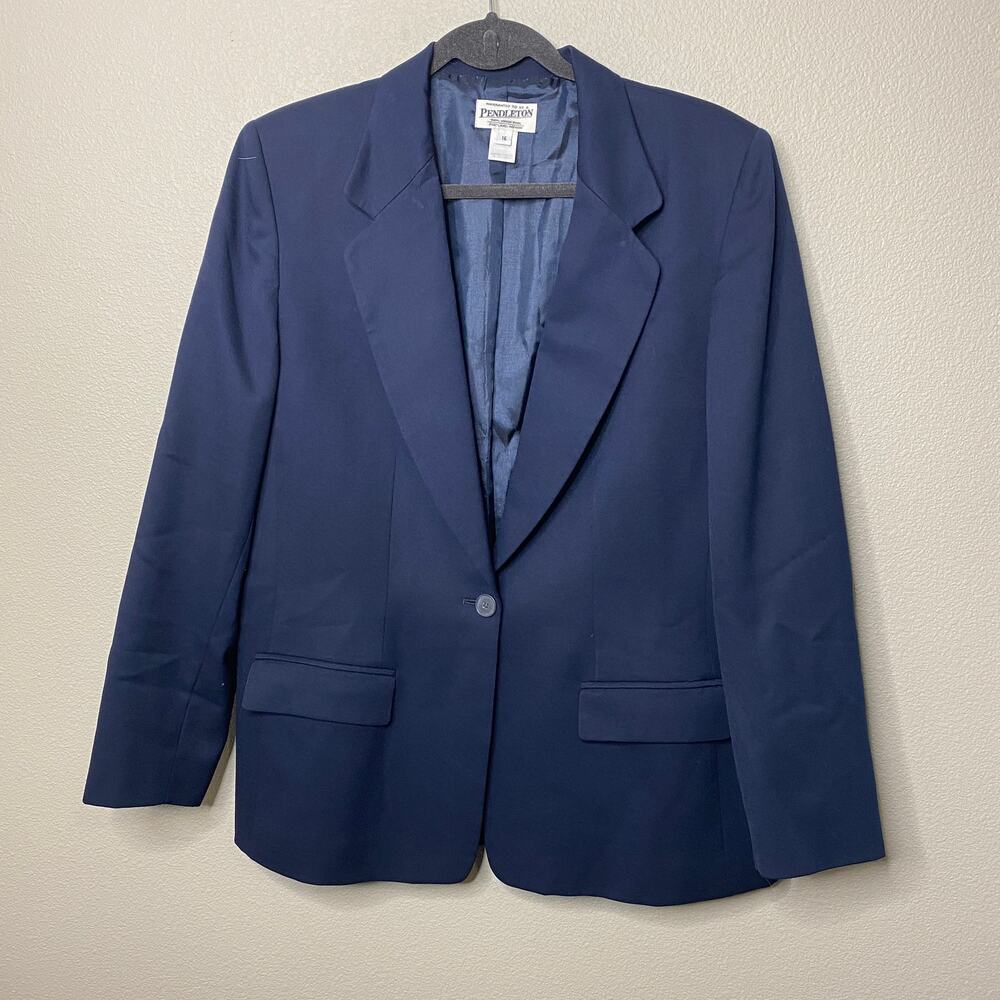 Pendleton Blazer Women Size 16 Blue Single Button Virgin Wool Shoulder Pads